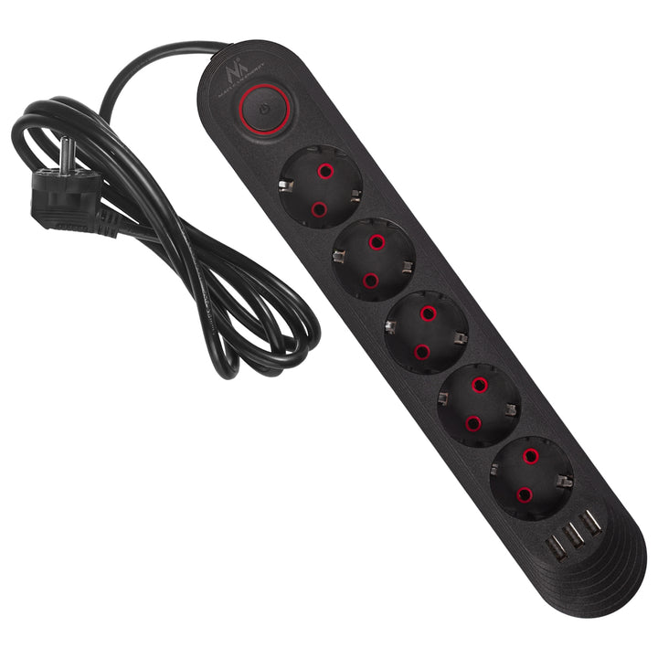 Maclean grenuttag, förlängningskabel 5 uttag + 3xUSB, 110-240V AC 50/60Hz, 2,1A max 2500W, 1,5m, svart, MCE395 B