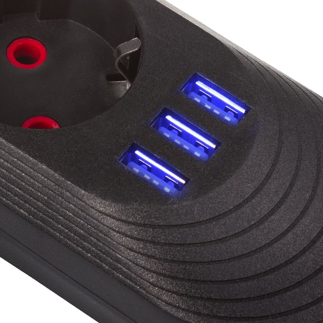 Maclean grenuttag, förlängningskabel 5 uttag + 3xUSB, 110-240V AC 50/60Hz, 2,1A max 2500W, 1,5m, svart, MCE395 B