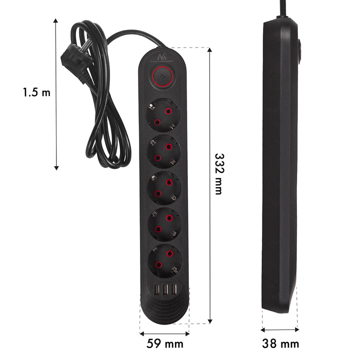 Maclean grenuttag, förlängningskabel 5 uttag + 3xUSB, 110-240V AC 50/60Hz, 2,1A max 2500W, 1,5m, svart, MCE395 B
