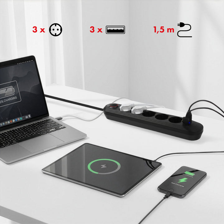 Maclean grenuttag, förlängningskabel 5 uttag + 3xUSB, 110-240V AC 50/60Hz, 2,1A max 2500W, 1,5m, svart, MCE395 B