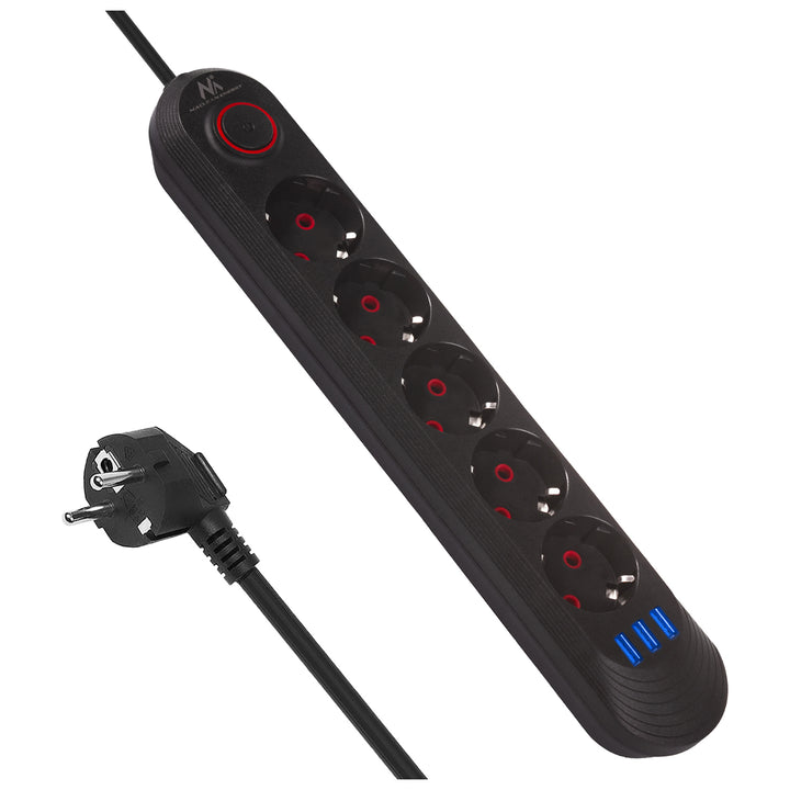 Maclean grenuttag, förlängningskabel 5 uttag + 3xUSB, 110-240V AC 50/60Hz, 2,1A max 2500W, 1,5m, svart, MCE395 B
