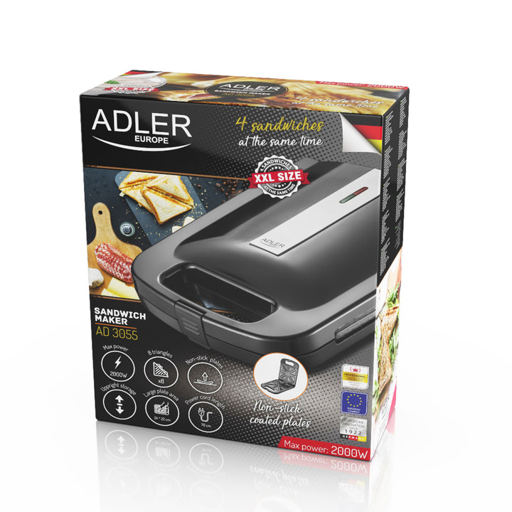 Adler AD 3055 svart 2000 Watt smörgåsmaskin för 4 smörgåsar