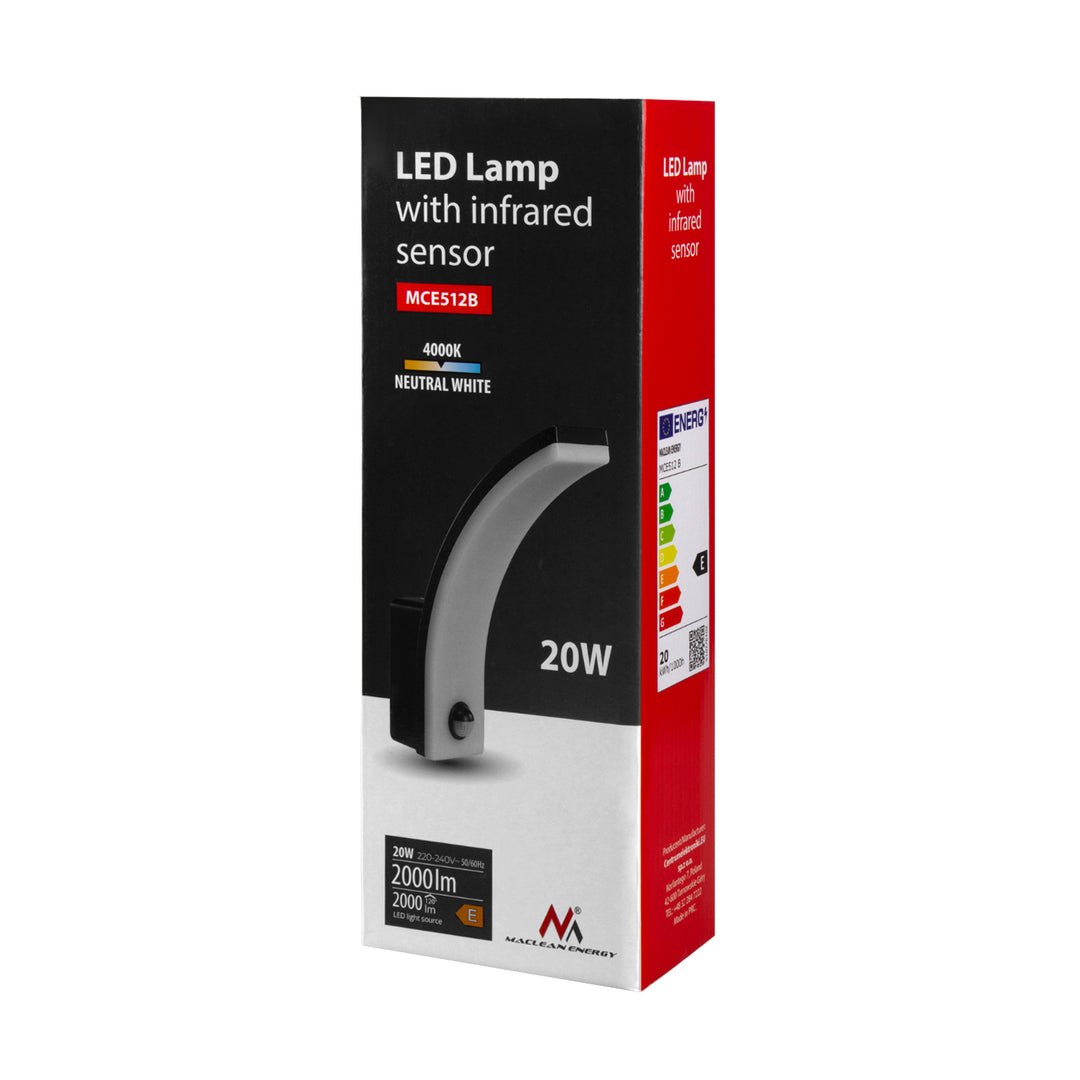 Maclean rörelsesensor LED-lampa, PIR rörelsesensor, svart, 20W, IP65, 2000lm, neutralvit (4000K) MCE512 B, 4 st