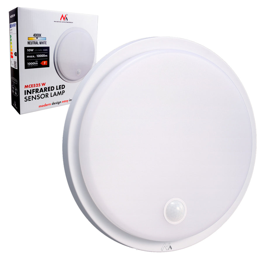 LED-lampa med rörelsesensor Maclean, PIR-sensor, vit, 10 W, IP65, 1000 lm, neutral färg, MCE525 W