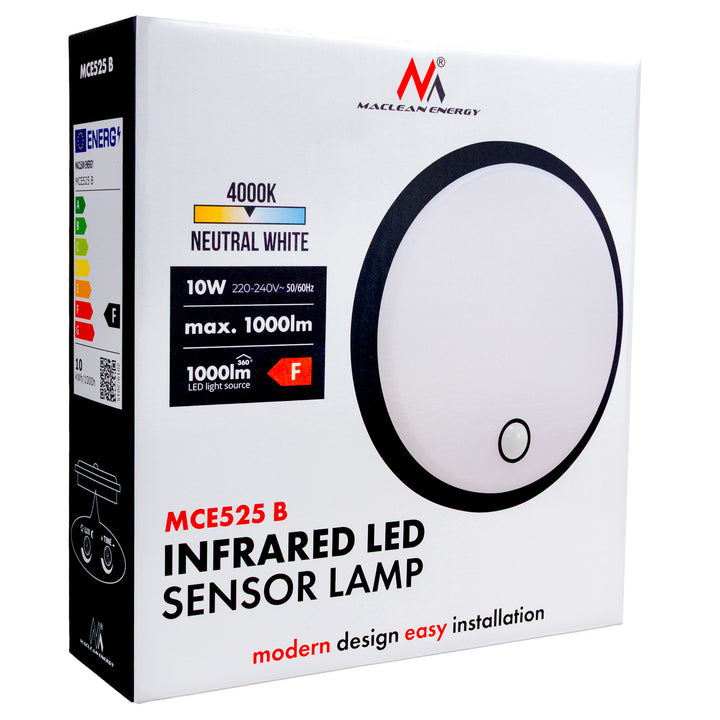 LED-lampa med rörelsesensor Maclean, PIR-sensor, svart, 10 W, IP65, 1000 lm, neutral färg, MCE525 B