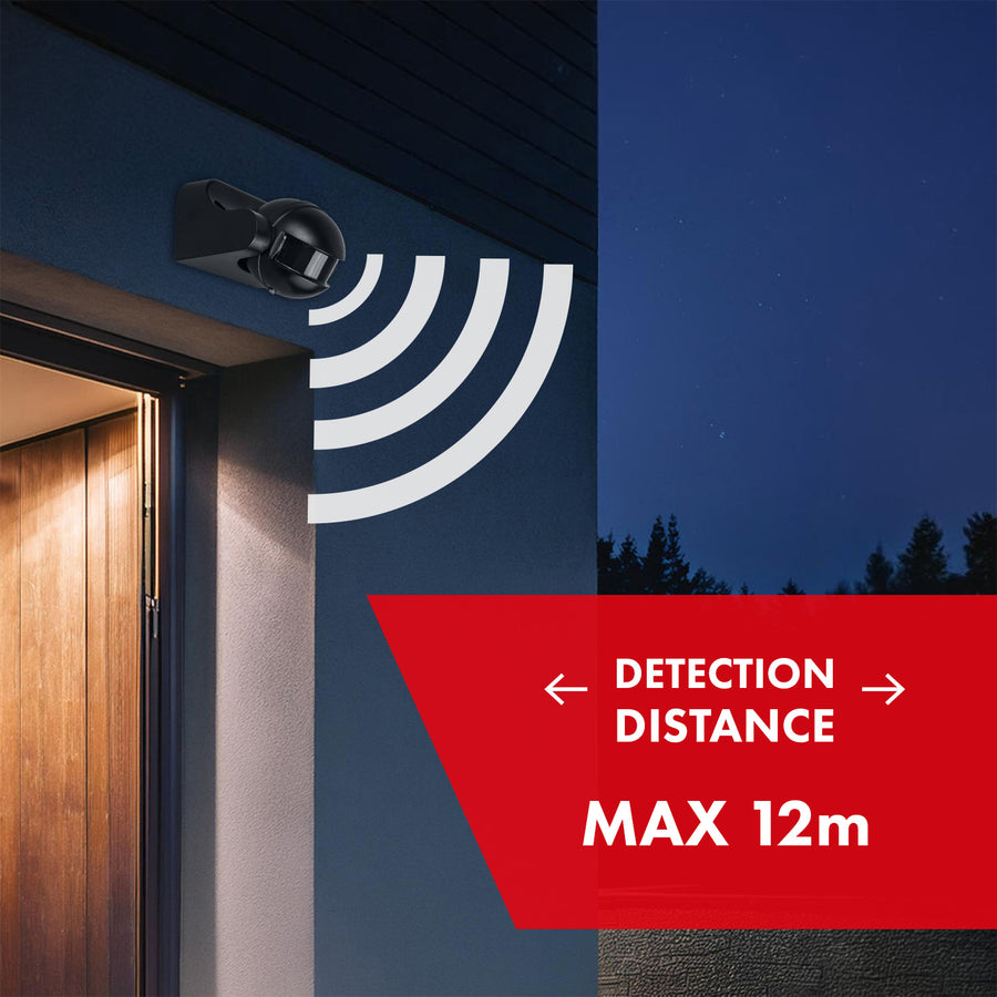 PIR-rörelsesensor Maclean, infraröd, IP44, svart med svart skärm, räckvidd 12 m, max. belastning 300/1200 W, MCE358 B/B