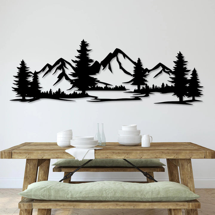 Genombruten målning, 3D-väggdekoration, 3D-målning "Berg med skog" 100x34cm Svart