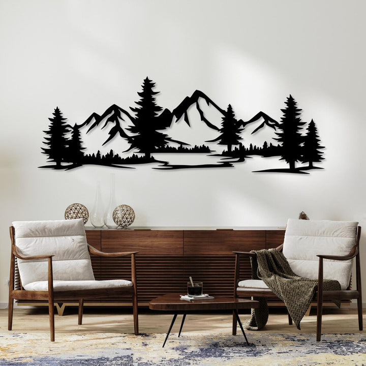 Genombruten målning, 3D-väggdekoration, 3D-målning "Berg med skog" 67x23cm Svart