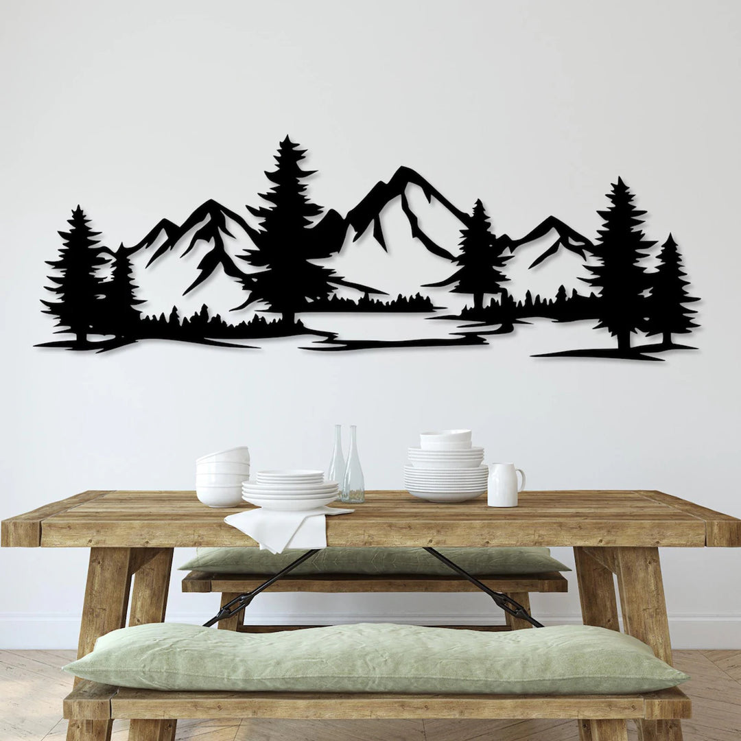 Genombruten målning, 3D-väggdekoration, 3D-målning "Berg med skog" 67x23cm Svart