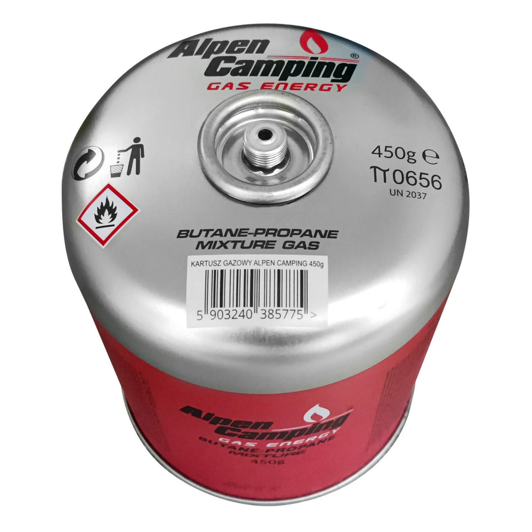 Gaspatron 450g Alpen Camping. Certifikat: Pi 0437, överensstämmer med EN417, propan-butan, intervall -10°c till + 40°c, 7/16" gängad ventil IK020