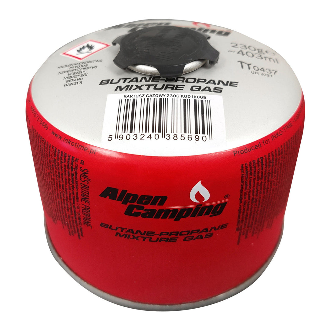 Gaspatron 230g Alpen Camping. Certifikat: Pi 0656, överensstämmer med EN417, propan-butan, intervall -10°C till + 40°C, 7/16" gängad ventil IK009