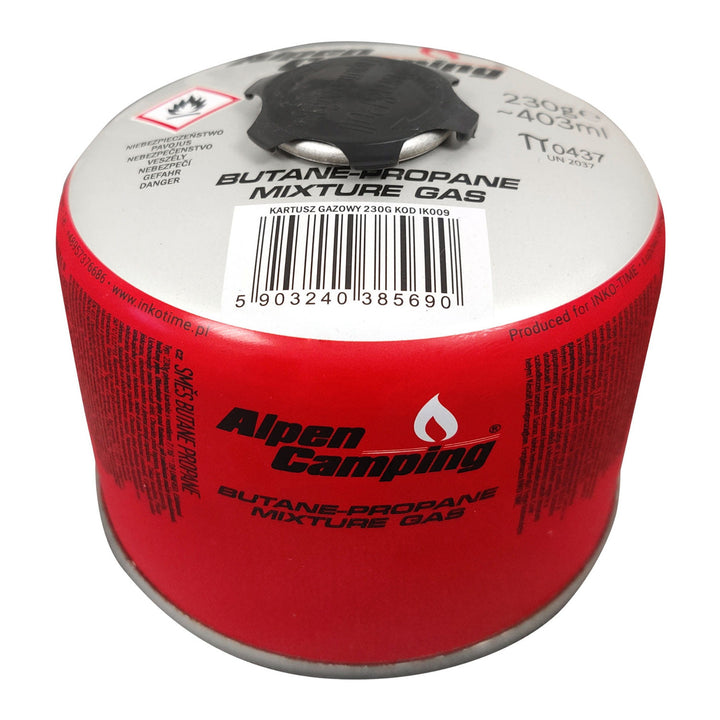 Gaspatron 230g Alpen Camping. Certifikat: Pi 0656, överensstämmer med EN417, propan-butan, intervall -10°C till + 40°C, 7/16" gängad ventil IK009