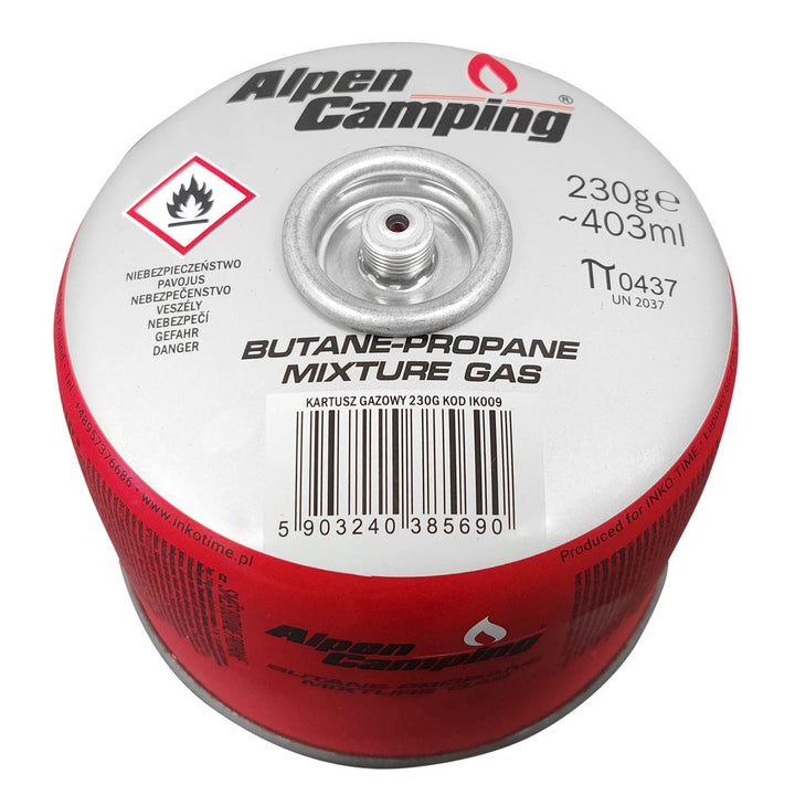 Gaspatron 230g Alpen Camping. Certifikat: Pi 0656, överensstämmer med EN417, propan-butan, intervall -10°C till + 40°C, 7/16" gängad ventil IK009