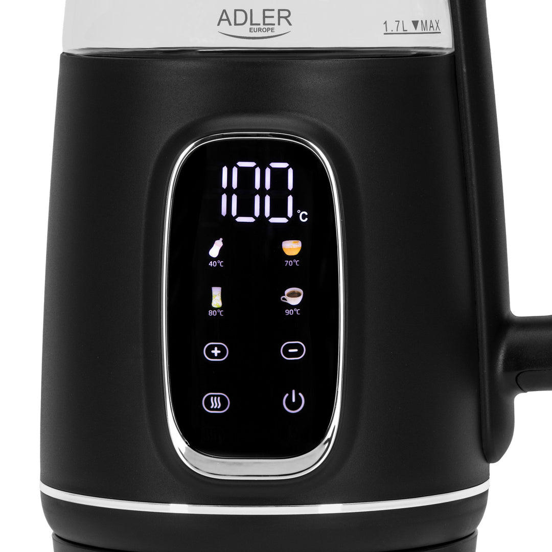 Elektrisk vattenkokare i glas 1,7L Adler, Svart och silver, Temperaturkontroll, LED-display, AD 1305 bs