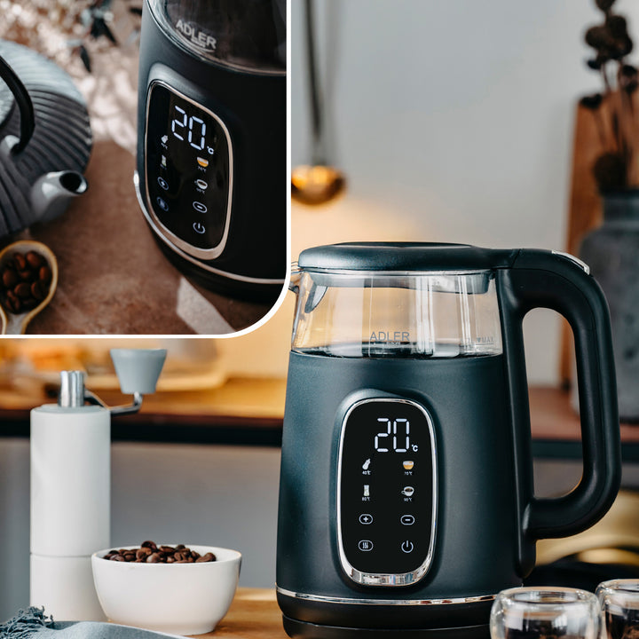 Elektrisk vattenkokare i glas 1,7L Adler, Svart och silver, Temperaturkontroll, LED-display, AD 1305 bs