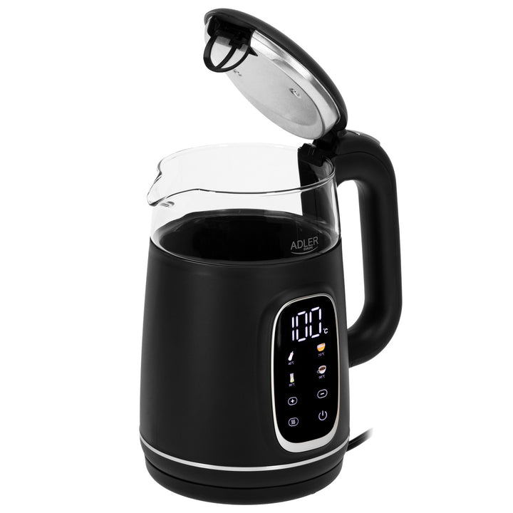 Elektrisk vattenkokare i glas 1,7L Adler, Svart och silver, Temperaturkontroll, LED-display, AD 1305 bs