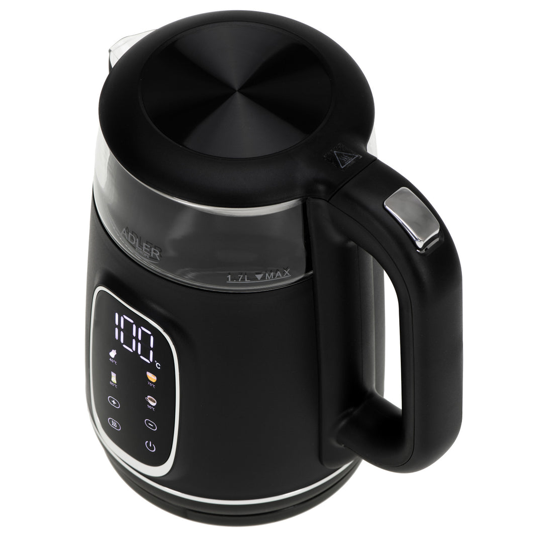 Elektrisk vattenkokare i glas 1,7L Adler, Svart och silver, Temperaturkontroll, LED-display, AD 1305 bs