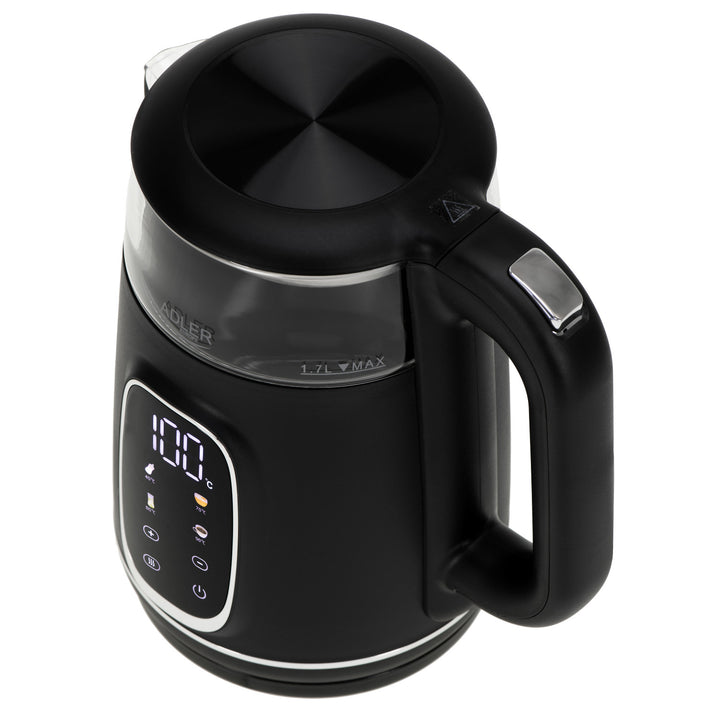 Elektrisk vattenkokare i glas 1,7L Adler, Svart och silver, Temperaturkontroll, LED-display, AD 1305 bs