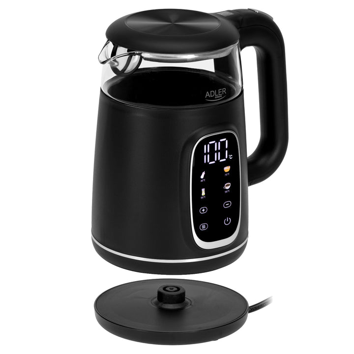 Elektrisk vattenkokare i glas 1,7L Adler, Svart och silver, Temperaturkontroll, LED-display, AD 1305 bs