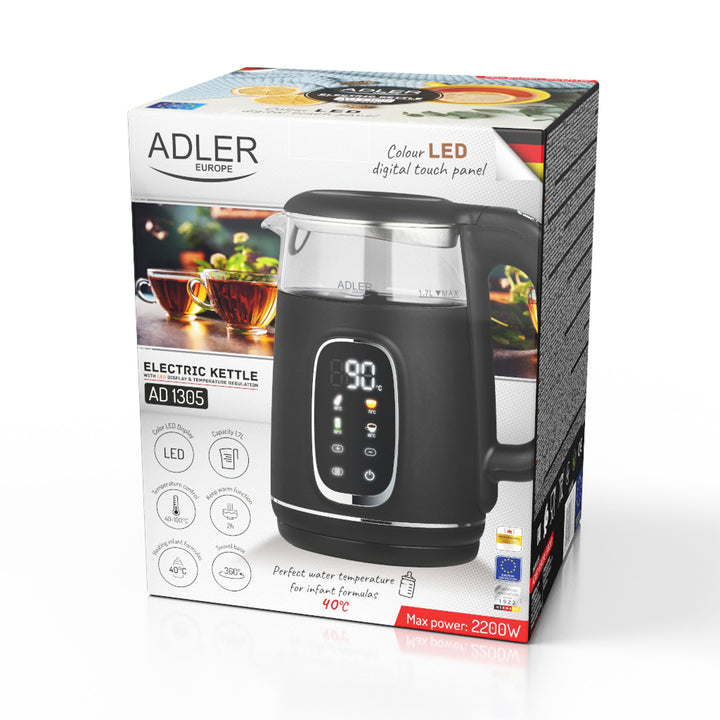 Elektrisk vattenkokare i glas 1,7L Adler, Svart och silver, Temperaturkontroll, LED-display, AD 1305 bs