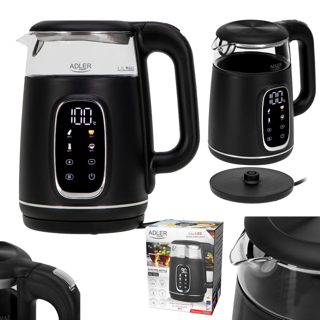 Elektrisk vattenkokare i glas 1,7L Adler, Svart och silver, Temperaturkontroll, LED-display, AD 1305 bs