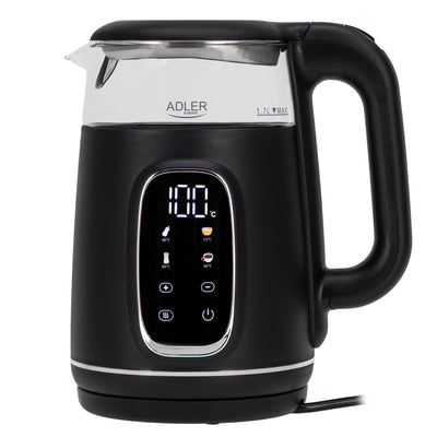 Elektrisk vattenkokare i glas 1,7L Adler, Svart och silver, Temperaturkontroll, LED-display, AD 1305 bs