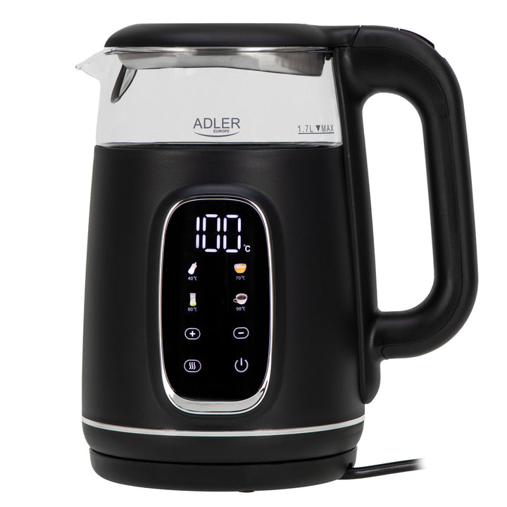 Elektrisk vattenkokare i glas 1,7L Adler, Svart och silver, Temperaturkontroll, LED-display, AD 1305 bs
