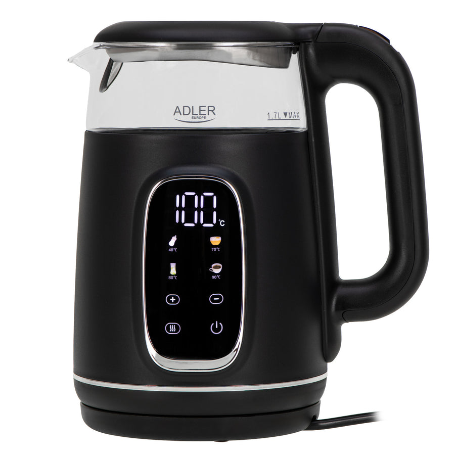 Elektrisk vattenkokare i glas 1,7L Adler, Svart och silver, Temperaturkontroll, LED-display, AD 1305 bs