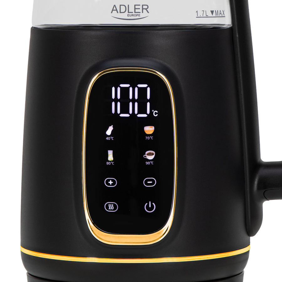 Adler vattenkokare i glas 1,7L, Svart och guld, Temperaturkontroll, LED-display, AD 1305 bg