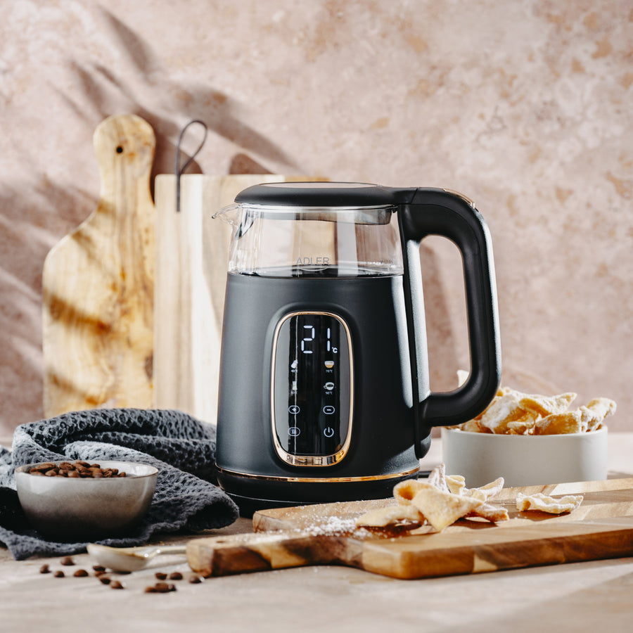 Adler vattenkokare i glas 1,7L, Svart och guld, Temperaturkontroll, LED-display, AD 1305 bg