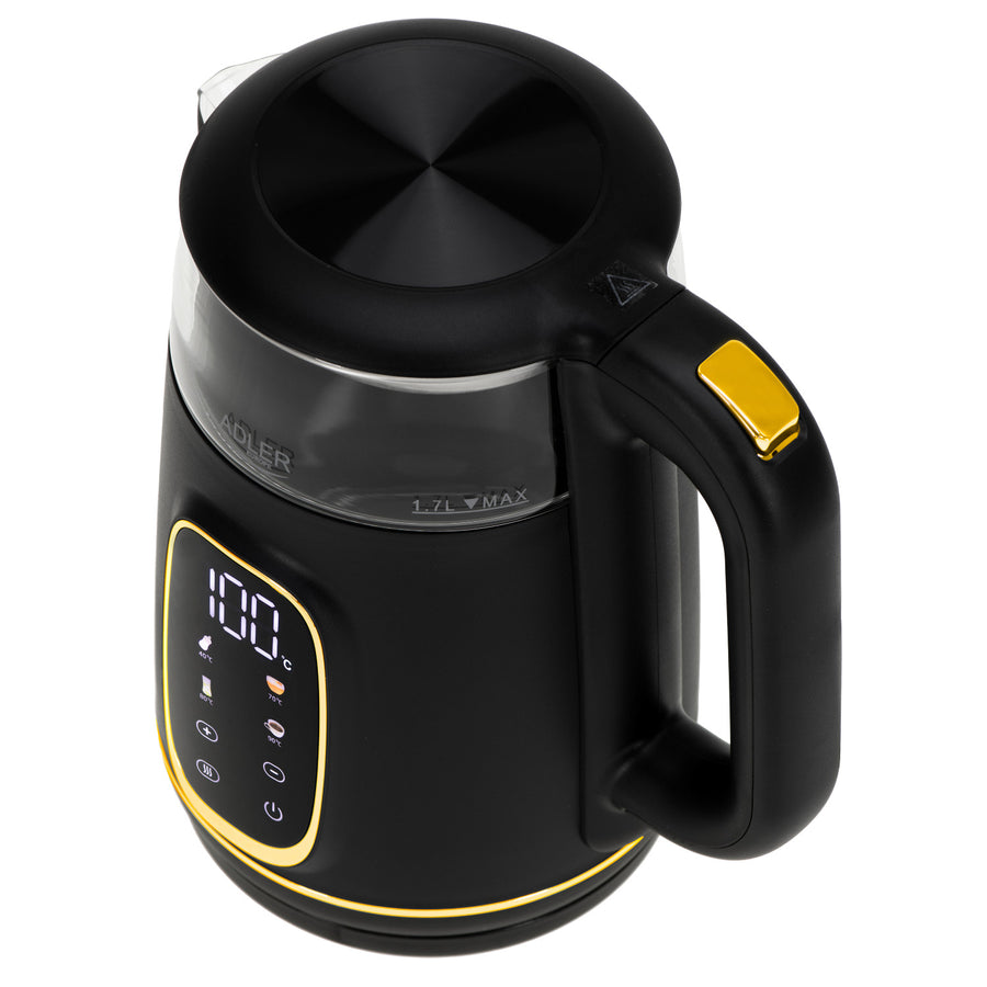 Adler vattenkokare i glas 1,7L, Svart och guld, Temperaturkontroll, LED-display, AD 1305 bg
