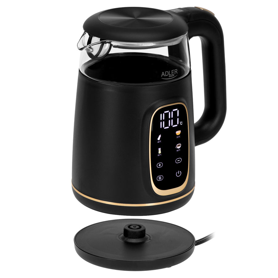 Adler vattenkokare i glas 1,7L, Svart och guld, Temperaturkontroll, LED-display, AD 1305 bg