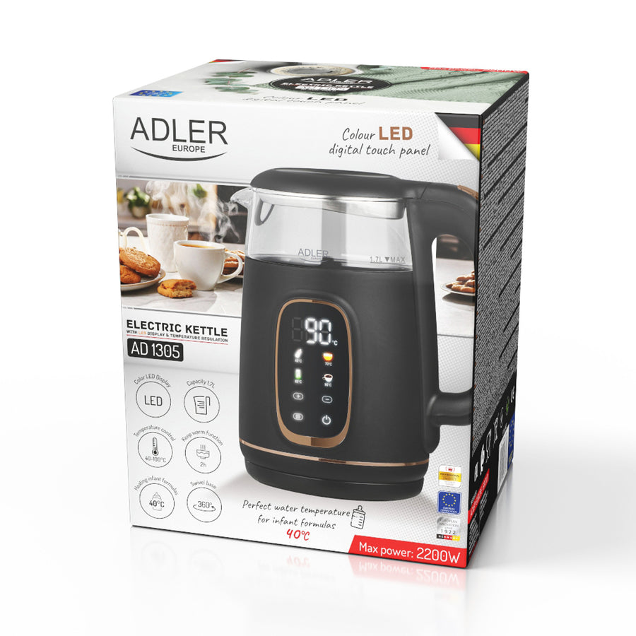 Adler vattenkokare i glas 1,7L, Svart och guld, Temperaturkontroll, LED-display, AD 1305 bg