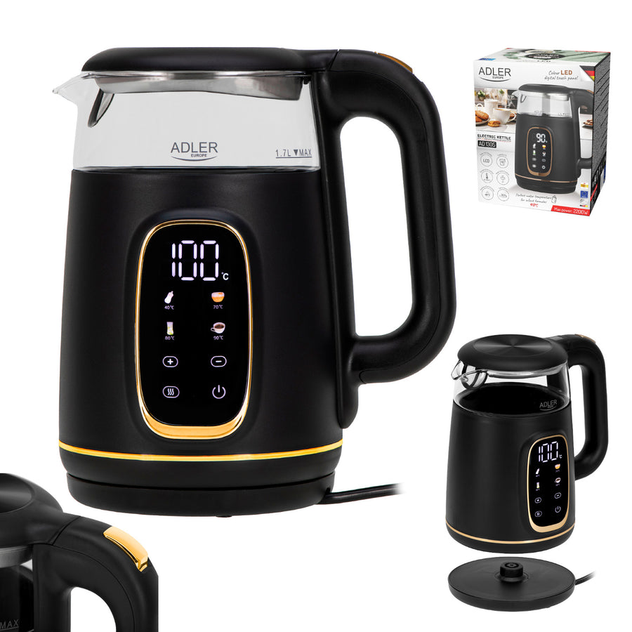 Adler vattenkokare i glas 1,7L, Svart och guld, Temperaturkontroll, LED-display, AD 1305 bg