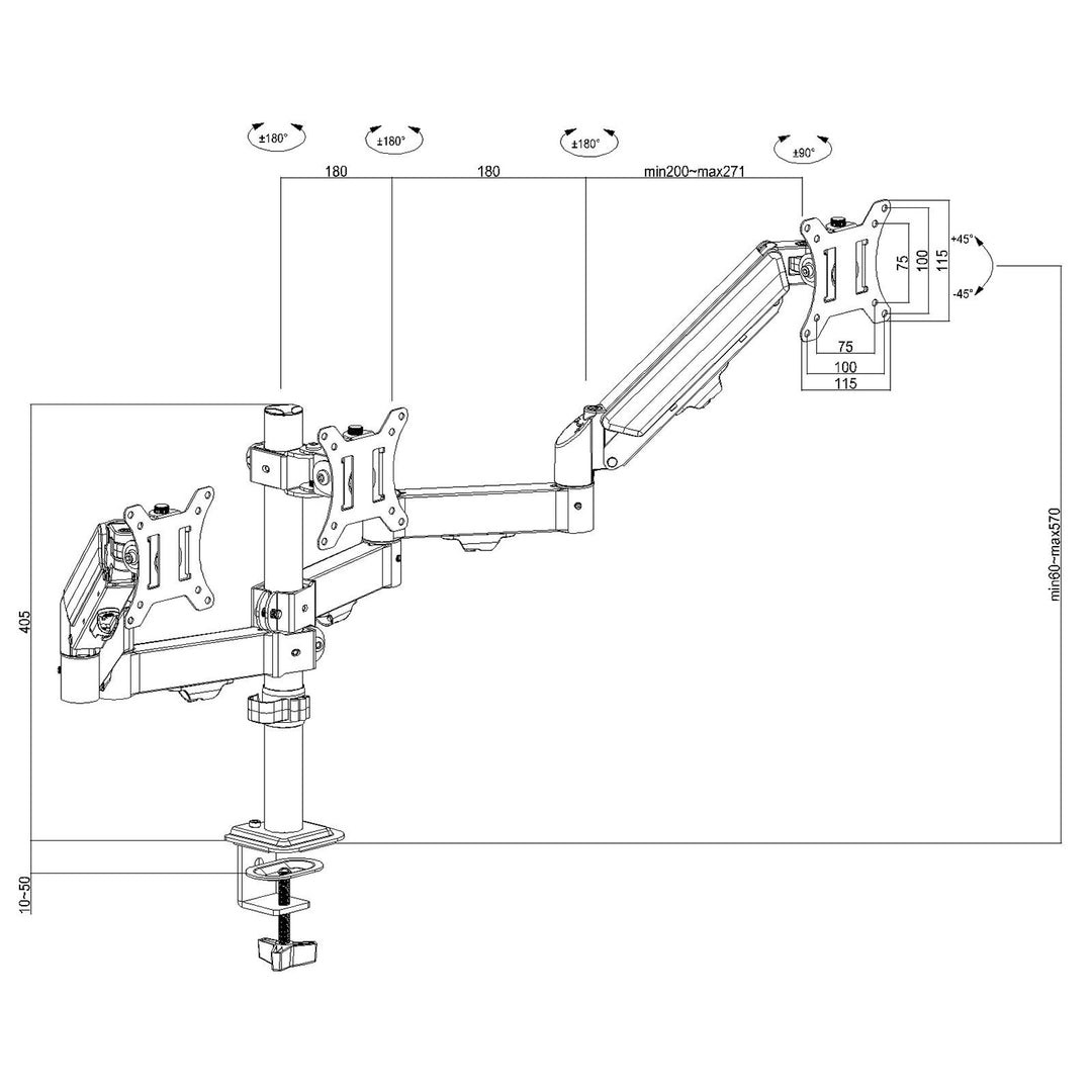 Fäste för 3 Maclean-skärmar, gasfjäder, 17"-27", 2-8 kg, svart, MC-137