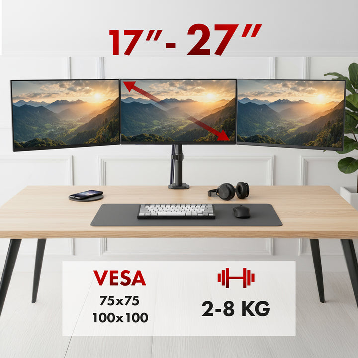 Fäste för 3 Maclean-skärmar, gasfjäder, 17"-27", 2-8 kg, svart, MC-137