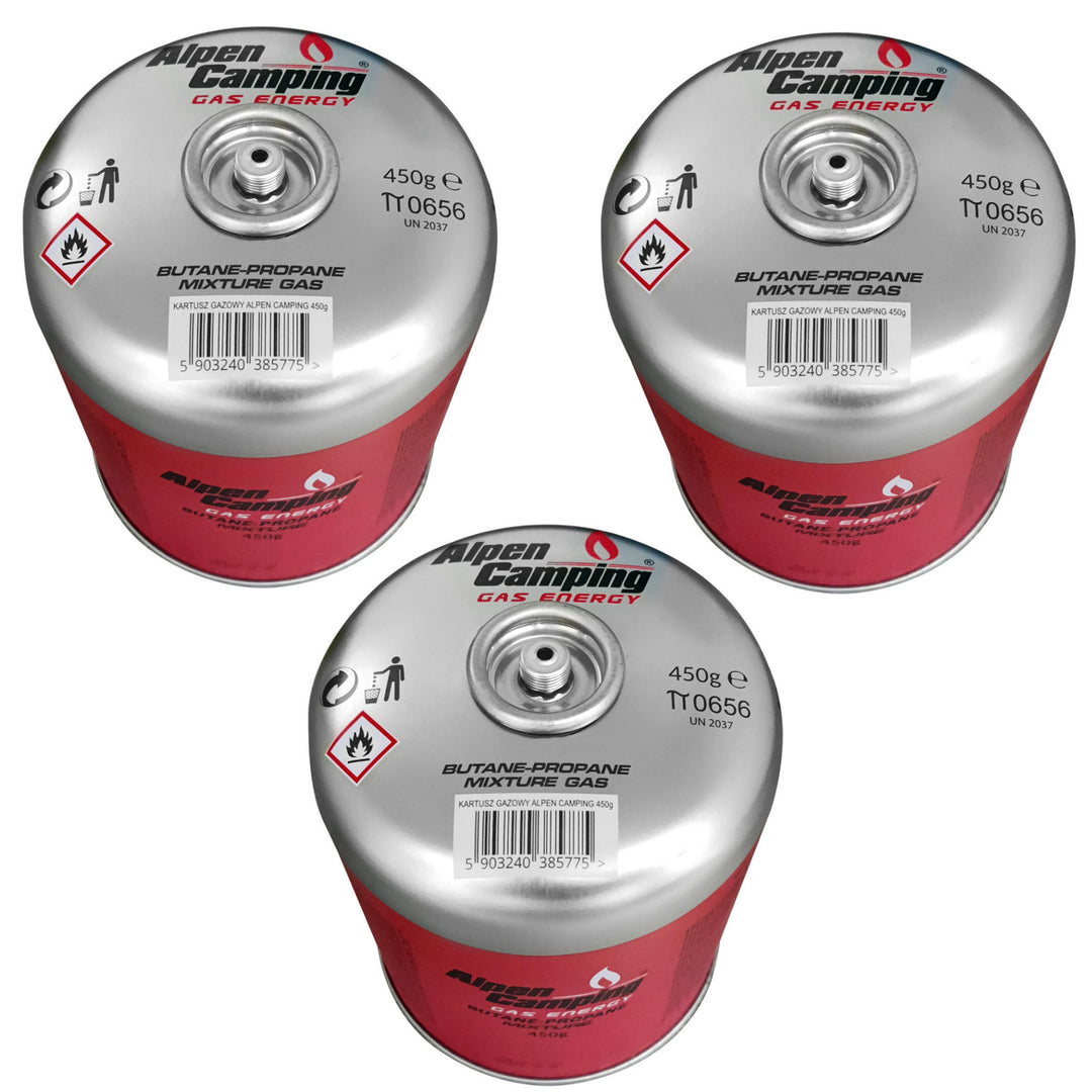 Alpen Camping 450g gaspatron. certifikat: Pi 0437, överensstämmer med EN417, propan-butan, intervall -10°c till + 40°c, 7/16" gängad ventil IK020, 3 st.