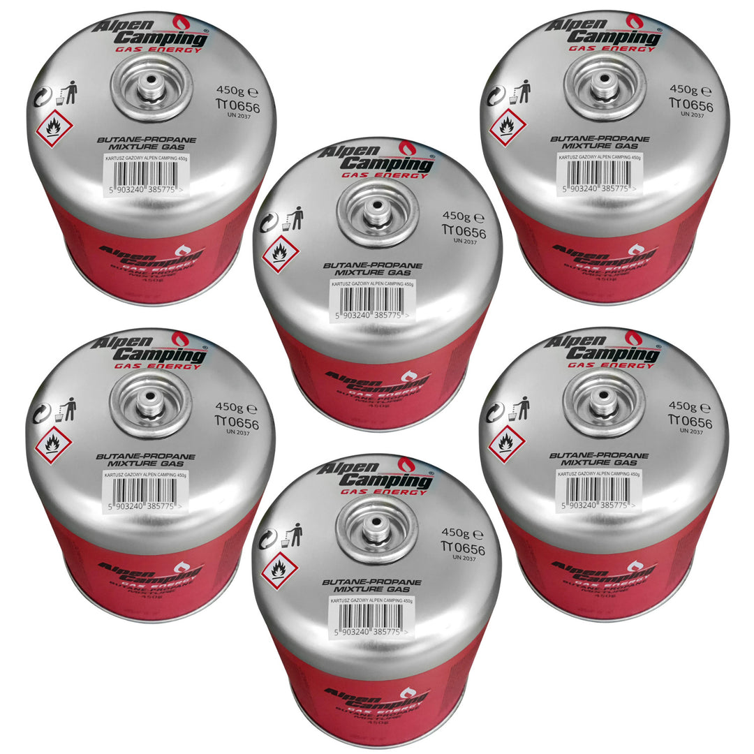 Gaspatron 450g Alpen Camping. Certifikat: Pi 0437, överensstämmer med EN417, propan-butan, intervall -10°c till + 40°c, 7/16" gängad ventil IK020, 6 st