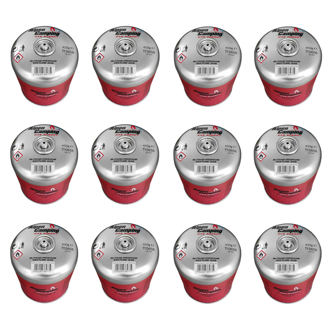 Alpen Camping 450g gaspatron. certifikat: Pi 0437, överensstämmer med EN417, propan-butan, intervall -10°c till + 40°c, 7/16" gängad ventil IK020, 12 stycken