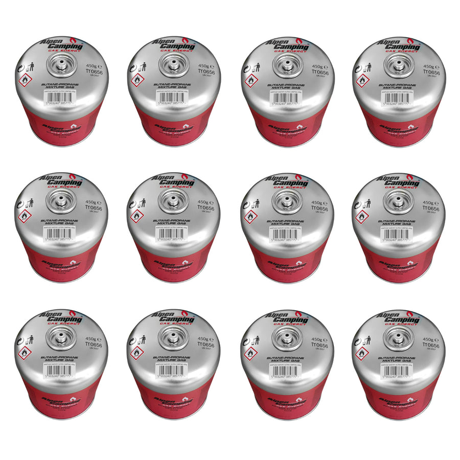 Alpen Camping 450g gaspatron. certifikat: Pi 0437, överensstämmer med EN417, propan-butan, intervall -10°c till + 40°c, 7/16" gängad ventil IK020, 12 stycken