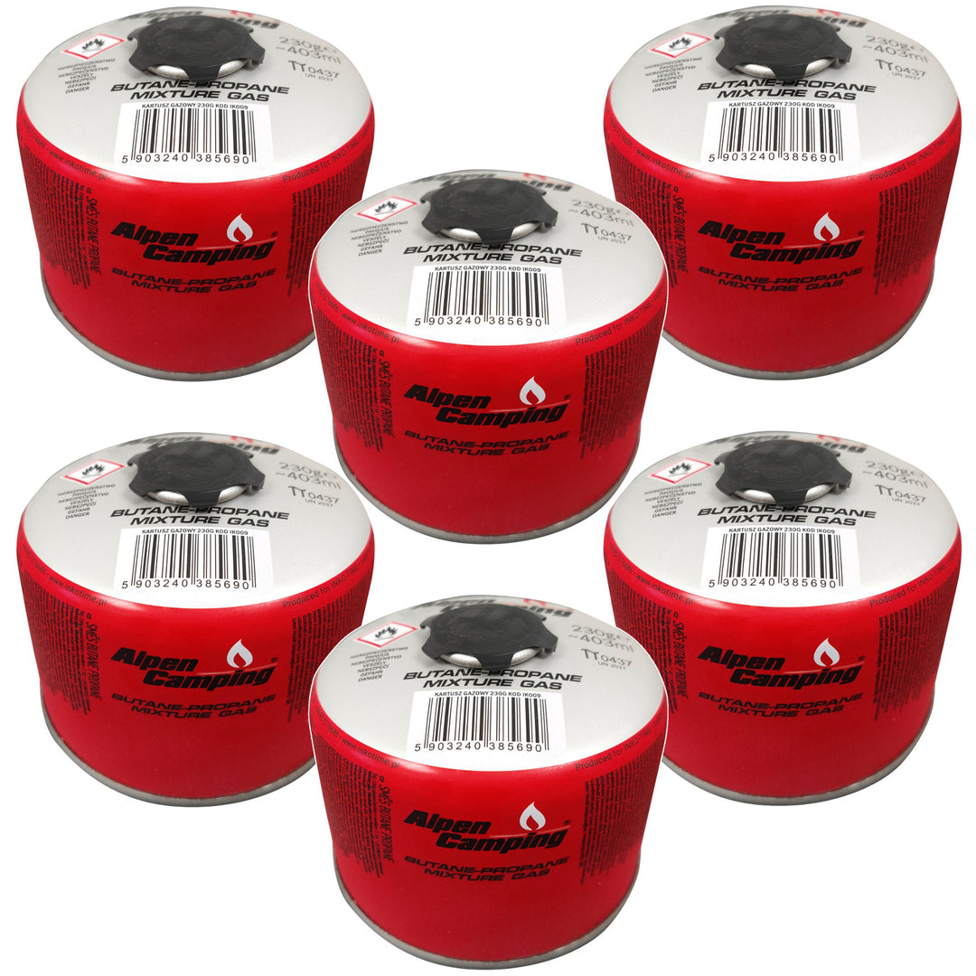 Gaspatron 230g Alpen Camping. Certifikat: Pi 0656, överensstämmer med EN417, propan-butan, intervall -10°c till + 40°c, 7/16" gängad ventil IK009, 6 st.