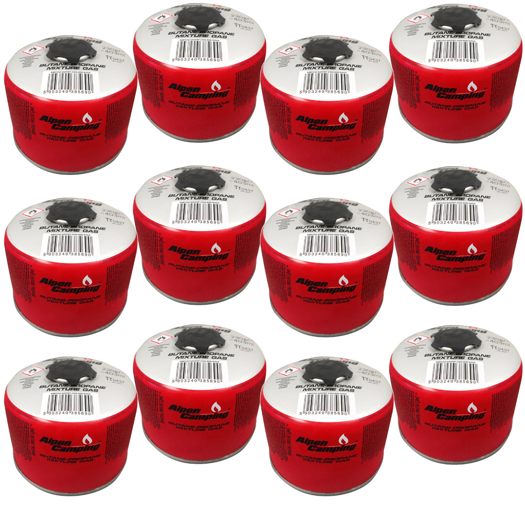Gaspatron 230g Alpen Camping. Certifikat: Pi 0656, överensstämmer med EN417, propan-butan, intervall -10°c till + 40°c, 7/16" gängad ventil IK009, 12 stycken