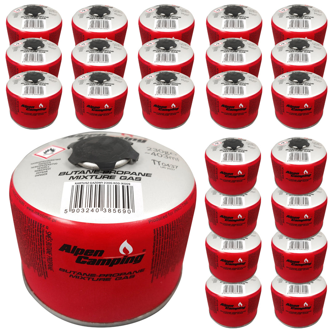 Gaspatron 230g Alpen Camping. Certifikat: Pi 0656, överensstämmer med EN417, propan-butan, intervall -10°c till + 40°c, 7/16" gängad ventil IK009, 24 stycken