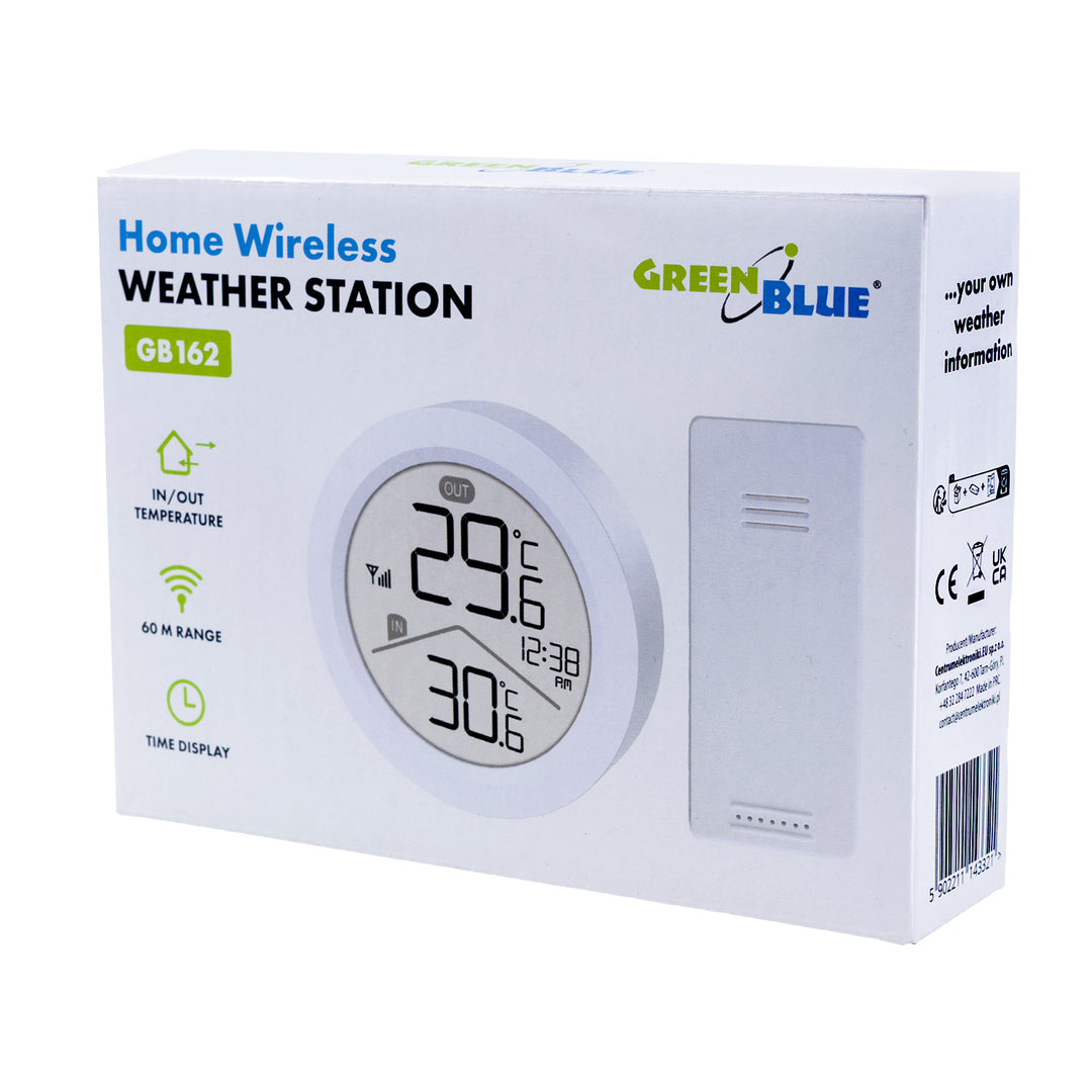Trådlös väderstation GreenBlue, temperatur IN/OUT, klocka, val mellan °C / °F, räckvidd upp till 60 m, GB162