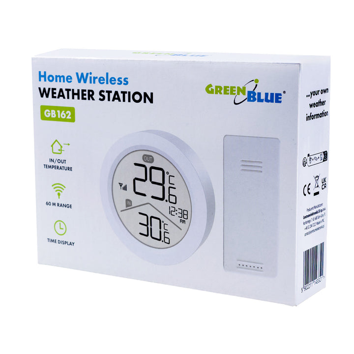 Trådlös väderstation GreenBlue, temperatur IN/OUT, klocka, val mellan °C / °F, räckvidd upp till 60 m, GB162