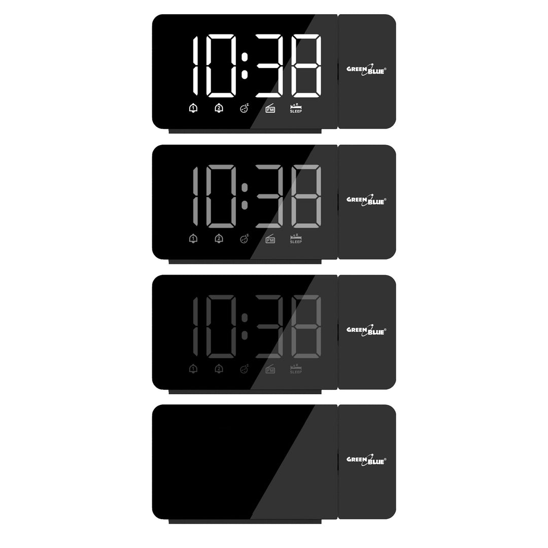 Digital LED-radioväckarklocka med GreenBlue-projektor, FM-radio, alarm, 12/24-timmars klocka, strömförsörjning USB 5V DC + CR2032, GB172