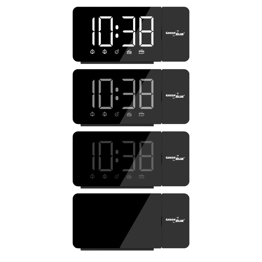 Digital LED-radioväckarklocka med GreenBlue-projektor, FM-radio, alarm, 12/24-timmars klocka, strömförsörjning USB 5V DC + CR2032, GB172