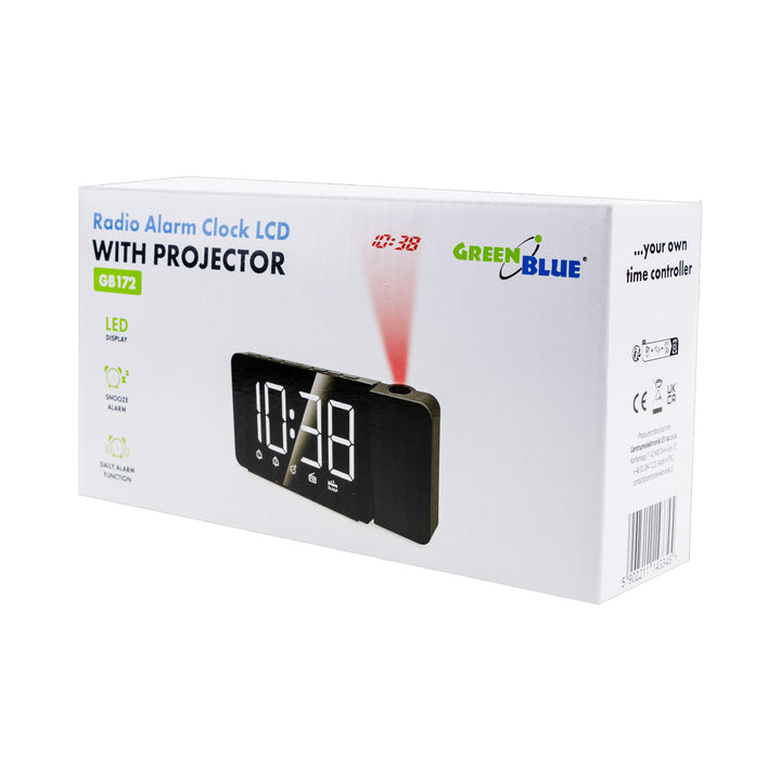 Digital LED-radioväckarklocka med GreenBlue-projektor, FM-radio, alarm, 12/24-timmars klocka, strömförsörjning USB 5V DC + CR2032, GB172