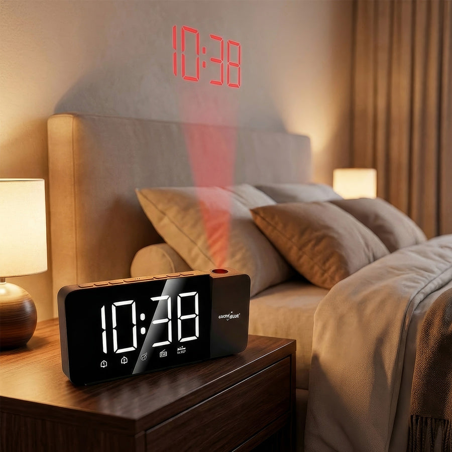 Digital LED-radioväckarklocka med GreenBlue-projektor, FM-radio, alarm, 12/24-timmars klocka, strömförsörjning USB 5V DC + CR2032, GB172