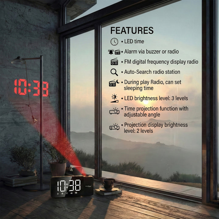 Digital LED-radioväckarklocka med GreenBlue-projektor, FM-radio, alarm, 12/24-timmars klocka, strömförsörjning USB 5V DC + CR2032, GB172
